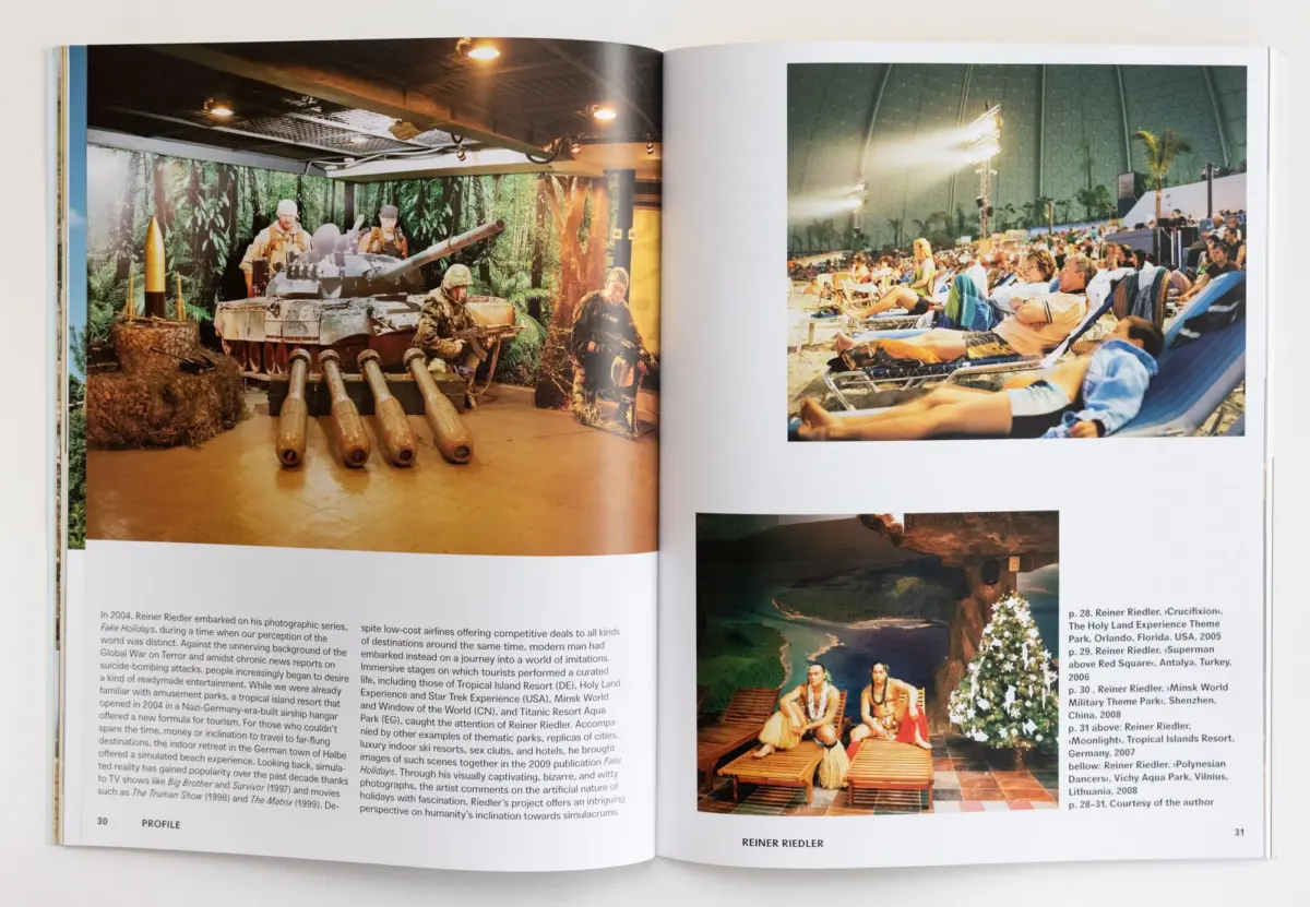 Two-page spread: left jungle diorama with tank and soldiers; right crowded indoor tropical resort with sunbathers by a pool.