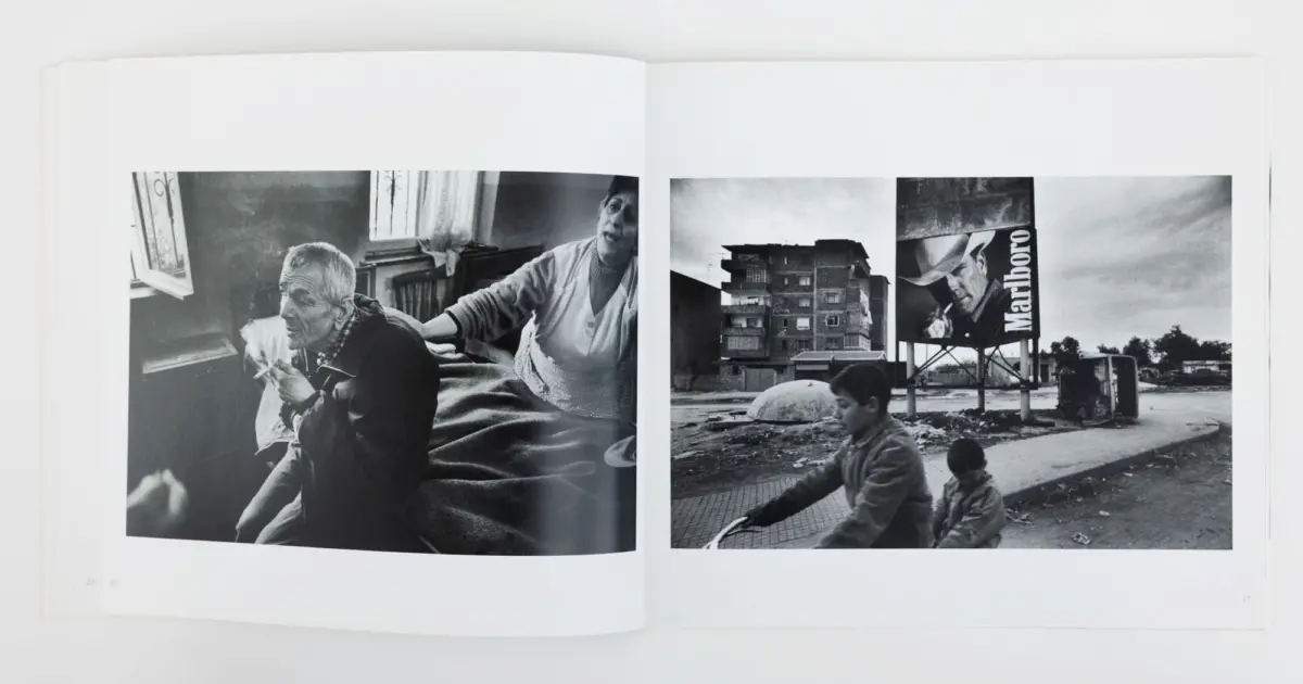 Left: elderly man sits beside a bed in a dim room; caregiver nearby. Right: urban street with a damaged building and Marlboro billboard; kids on bikes.