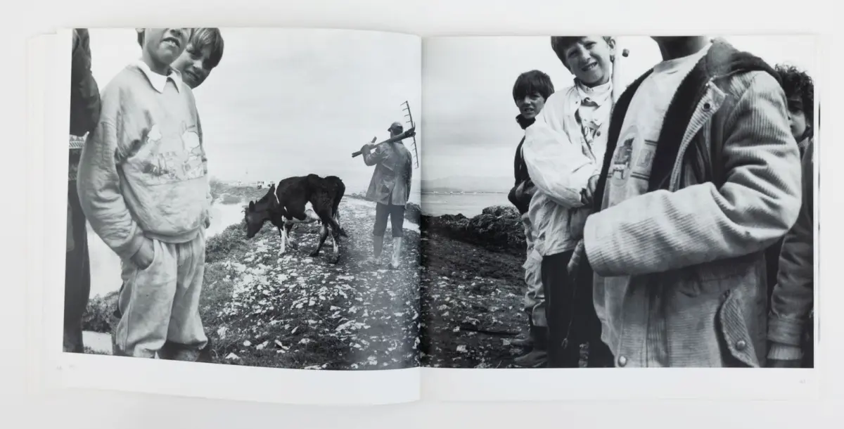 Black-and-white photo of a group of youths on a rocky coastal path; a cow stands on the path as one person holds a long pole, with the sea in the background.