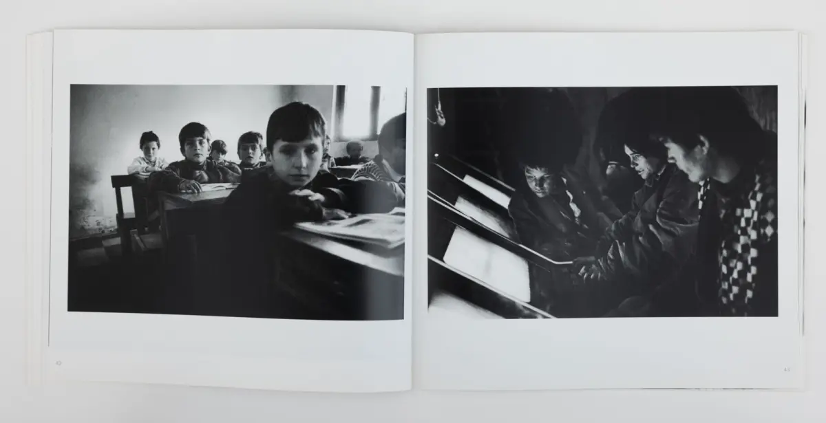 Two-page spread: left image shows students in a classroom at desks; right image shows several people gathered around a piano.