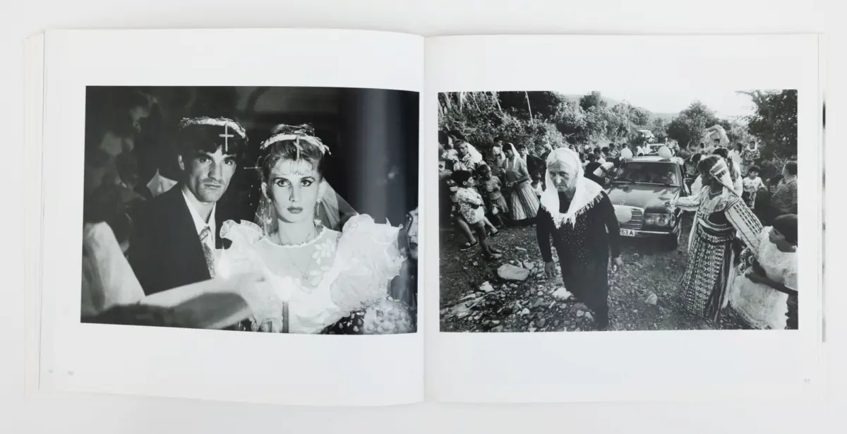 Left: bride and groom in wedding attire posing. Right: crowd around a sedan on a rocky rural road; elderly woman in headscarf among onlookers.
