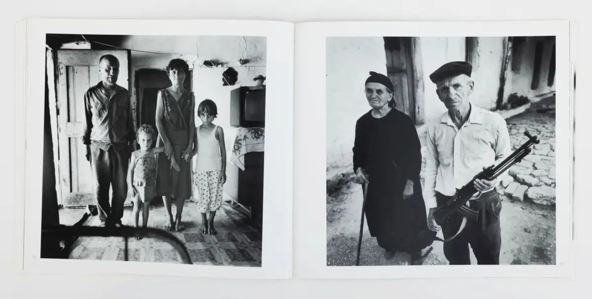 Left: a five-person family posing indoors in a dilapidated room; right: an elderly couple outdoors in a ruined street, the man holding a rifle.