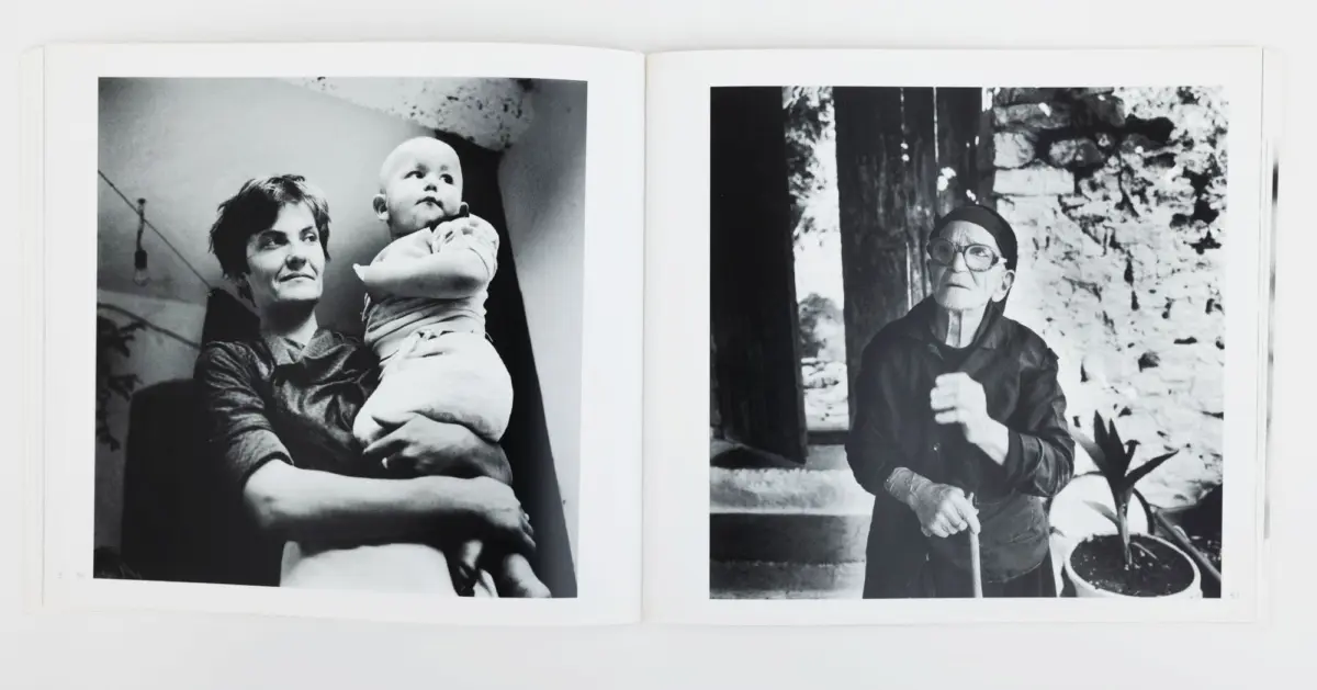 Adult woman holding a baby indoors; elderly woman with headscarf and glasses outside beside a stone wall.