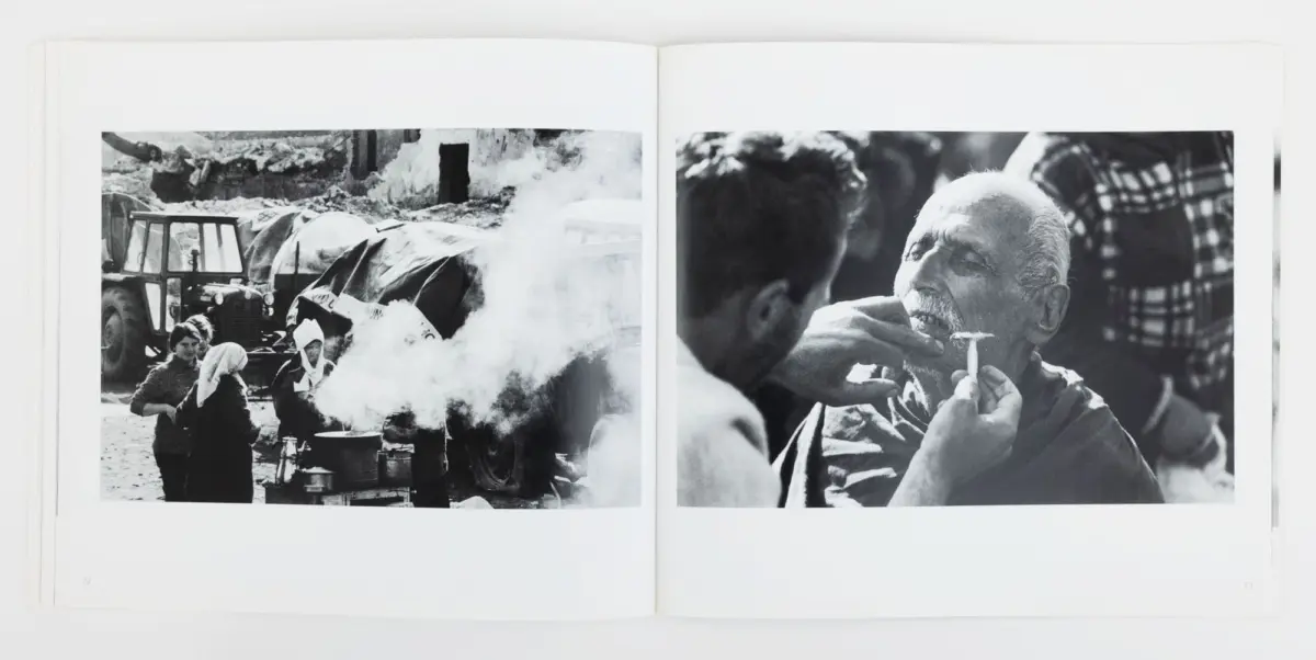 Left: street scene with a tractor, steaming pots, and rubble; bystanders nearby. Right: barber shaves an elderly man outdoors.
