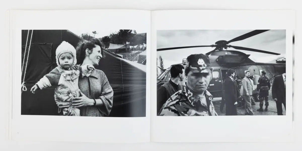 Two-page black-and-white spread: left shows a woman holding a toddler near tents; right shows a military helicopter with personnel on a tarmac.