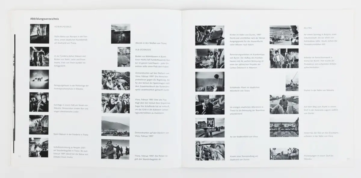 Two-page book spread with a grid of small black-and-white photographs and German captions.