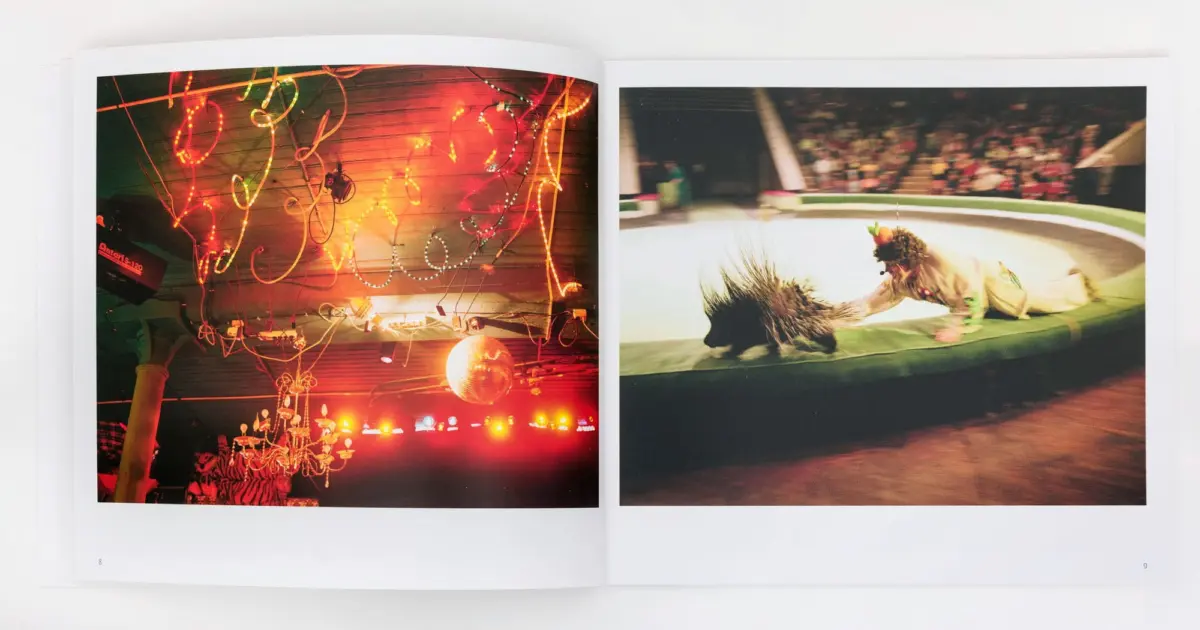 Left: neon nightclub with disco ball and chandeliers. Right: beige-clad performer lunges toward a porcupine-like animal at a pool edge as spectators.