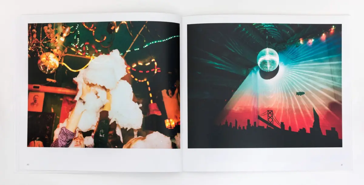Left page: people lift foam snow at a party under colorful string lights. Right page: disco ball and laser beams over a city skyline and bridge mural.