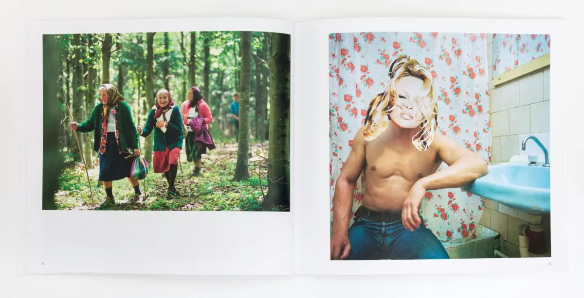 Left: group of older adults with walking sticks hiking in a forest; right: shirtless person with blond hair posing beside a floral backdrop near a sink.