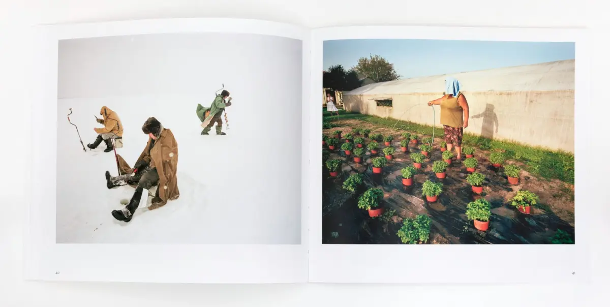 Open spread: left shows three people in winter gear on a snowy field; right shows a person watering potted plants beside a greenhouse.
