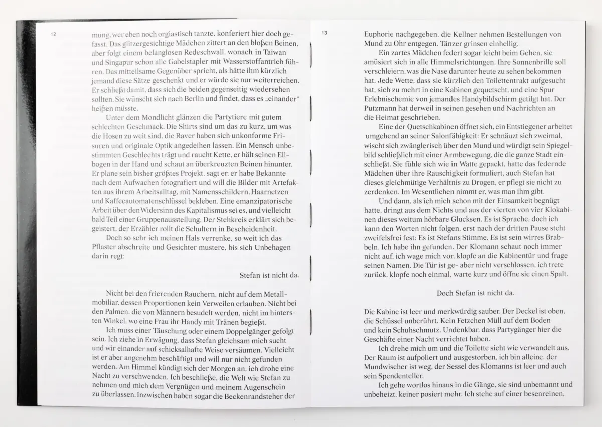 Opened book, two pages of dense German text, page numbers 12 and 13, dark spine along the left edge.