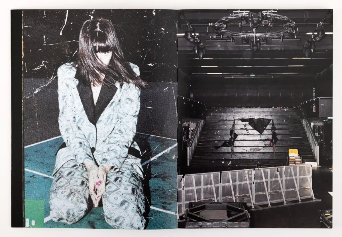 Left: person with long hair obscuring face in a patterned suit; right: theater stage with overhead rigging and stairs.