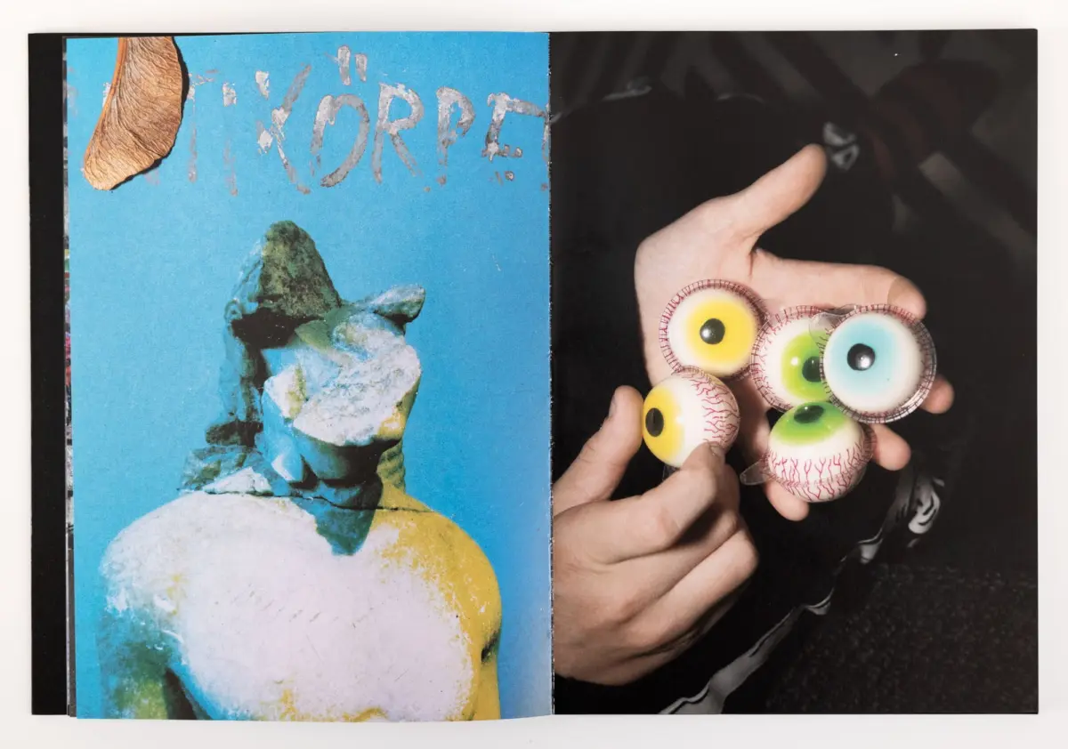 Open magazine spread; left blue page with rock formation and dried leaf; right hand holding colorful artificial eyeballs.
