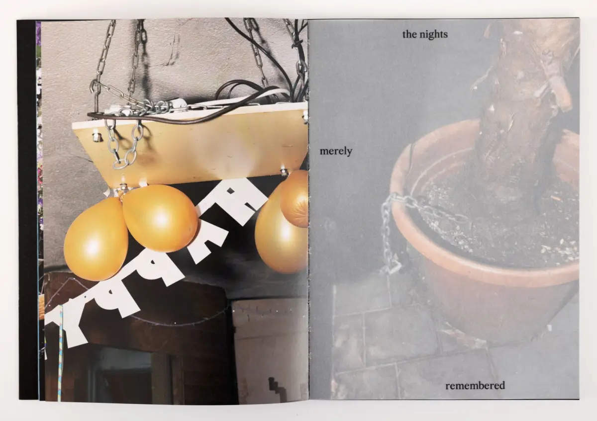 Yellow wooden swing seat suspended by metal chains with orange balloons on a two-page collage book spread.