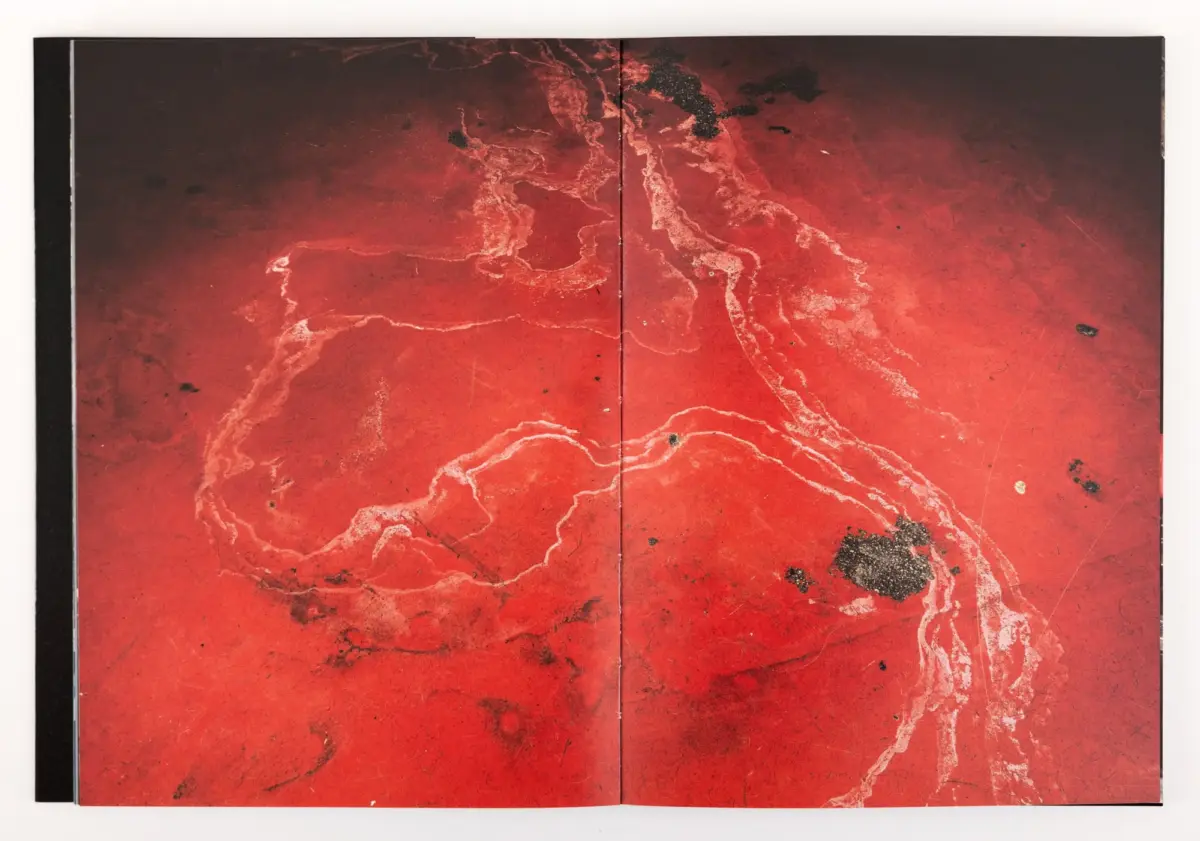 Open two-page spread with red marble pattern, white veining, and a black spine.