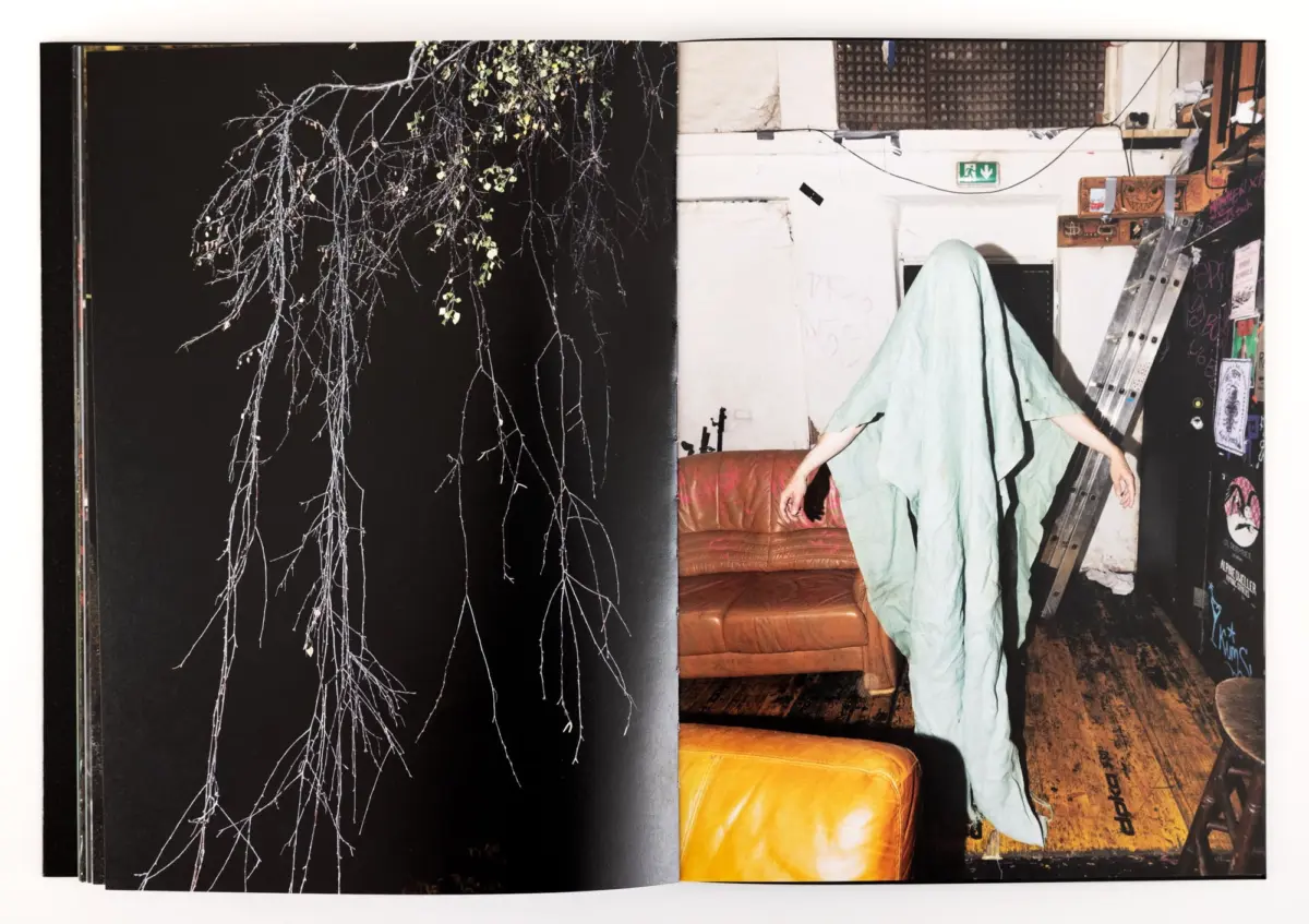 Person draped in pale green sheet stands in a cluttered studio with a ladder and graffiti; left page shows bare, white branches on black.