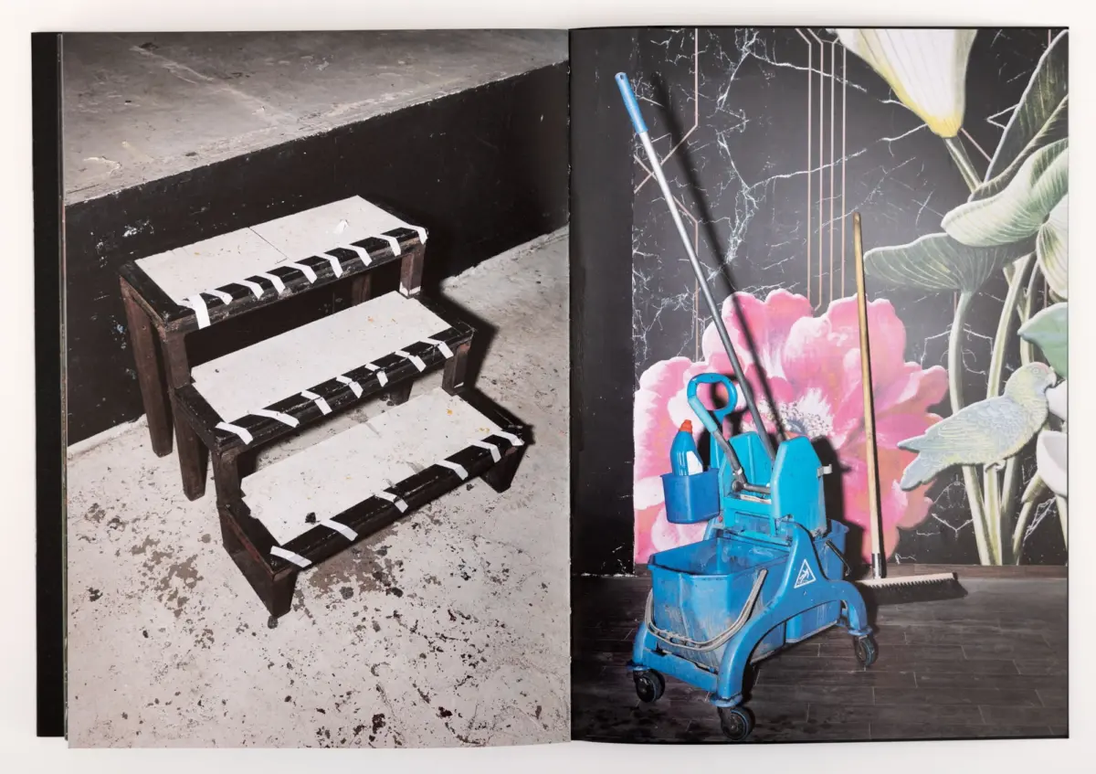 Two-page spread: left shows a worn wooden staircase with white tape on treads; right shows a blue cleaning cart with tools beside floral wallpaper.