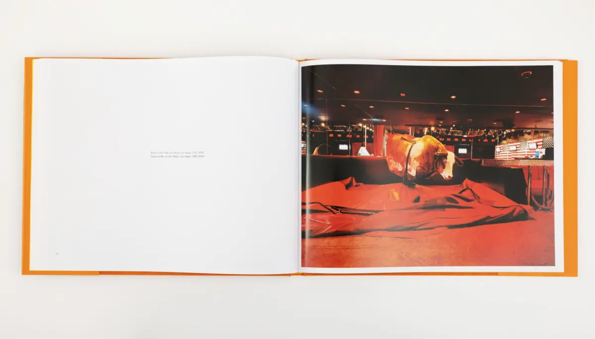 Open book showing a photo of a life-size bull sculpture draped in red fabric on a stage with bright lights and flags.