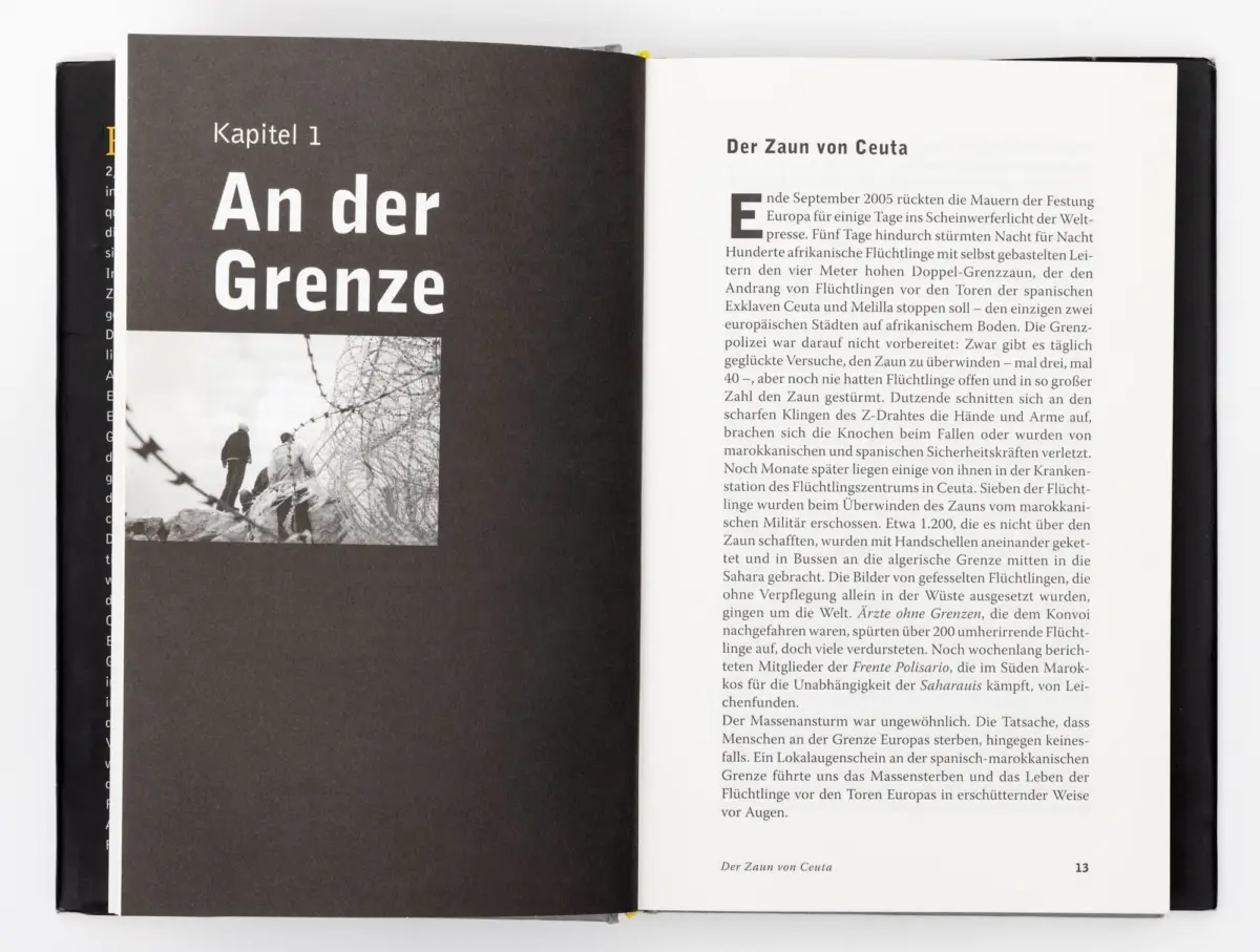 Open book spread; left page shows Kapitel 1 An der Grenze with a barbed-wire photo, right page Der Zaun von Ceuta with dense text.