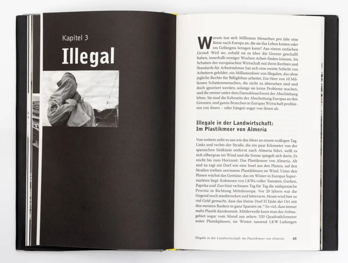Open magazine spread: left page shows Kapitel 3 Illegal with a grayscale photo of a hooded figure; right page contains German article text.