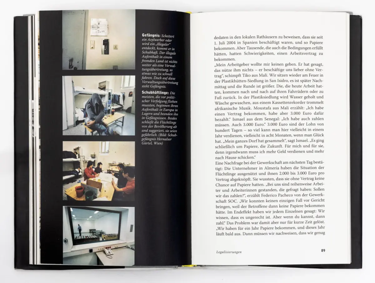 Open book with left page showing a vertical strip of documentary photos of people in a dorm-like room; right page dense German text.