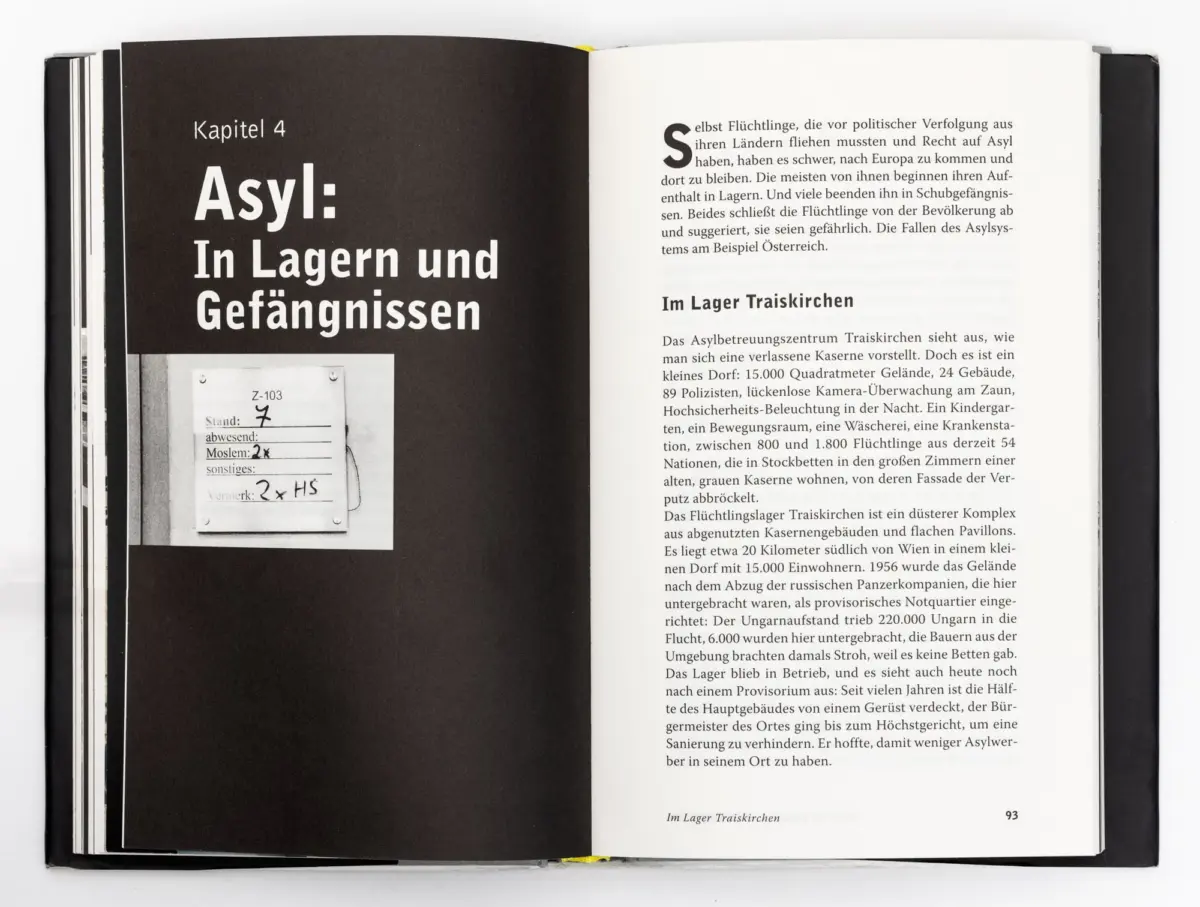 Open book spread; left page displays chapter title 'Asylum: In Camps and Prisons' on a dark background; right page displays dense German text.