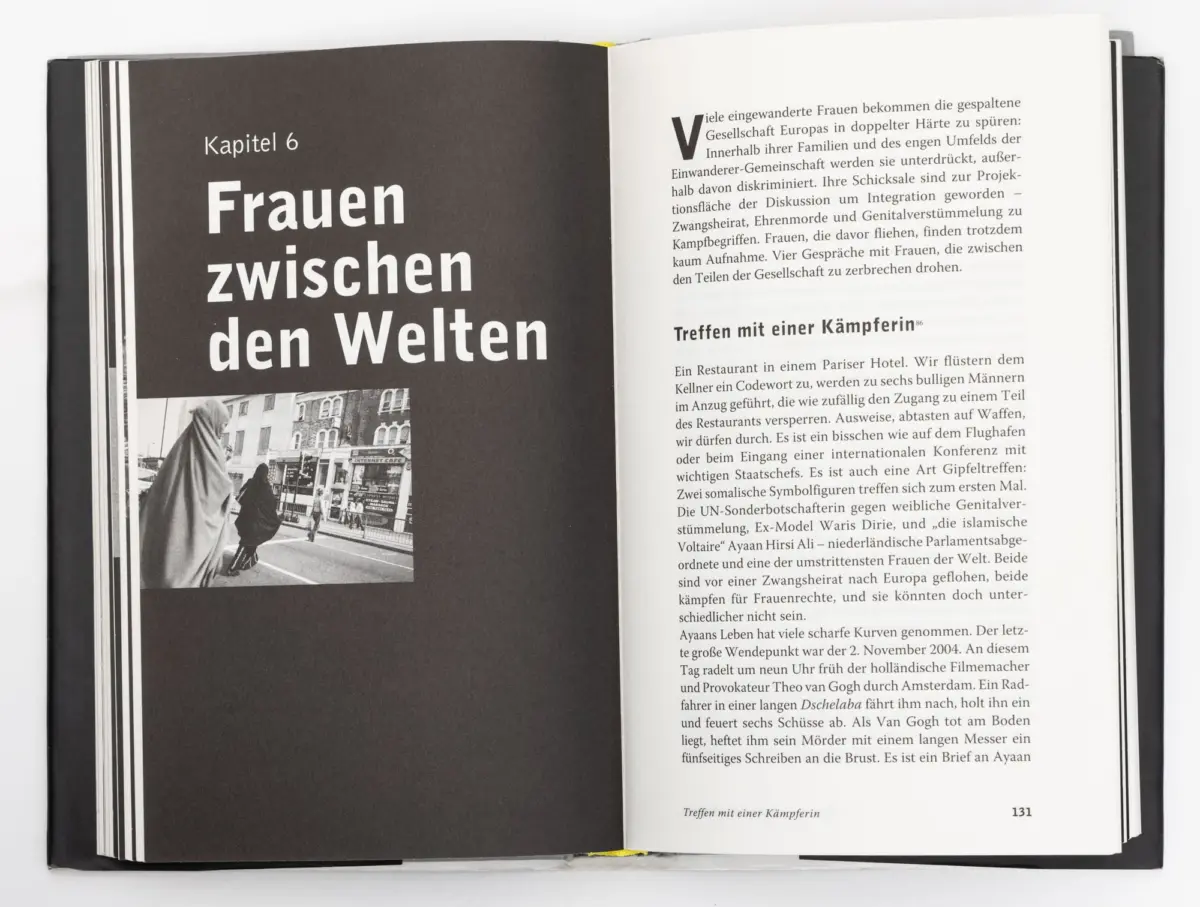 Open book spread; left page shows Kapitel 6 and Frauen zwischen den Welten; right page dense German text with a large drop cap.