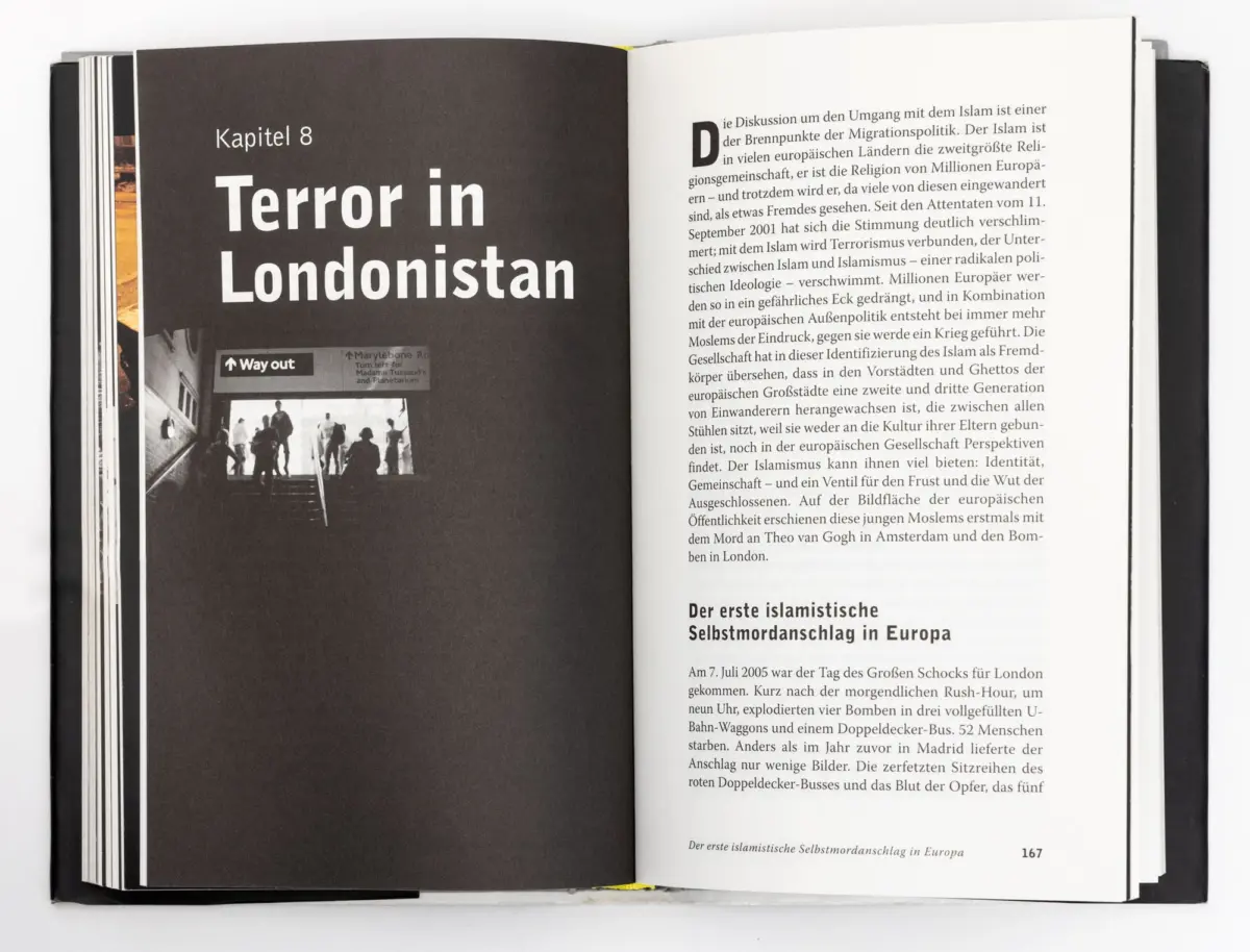 Open book spread: left page displays bold title 'Terror in Londonistan' with 'Kapitel 8'; small black-and-white subway photo at bottom; right page dense German text.