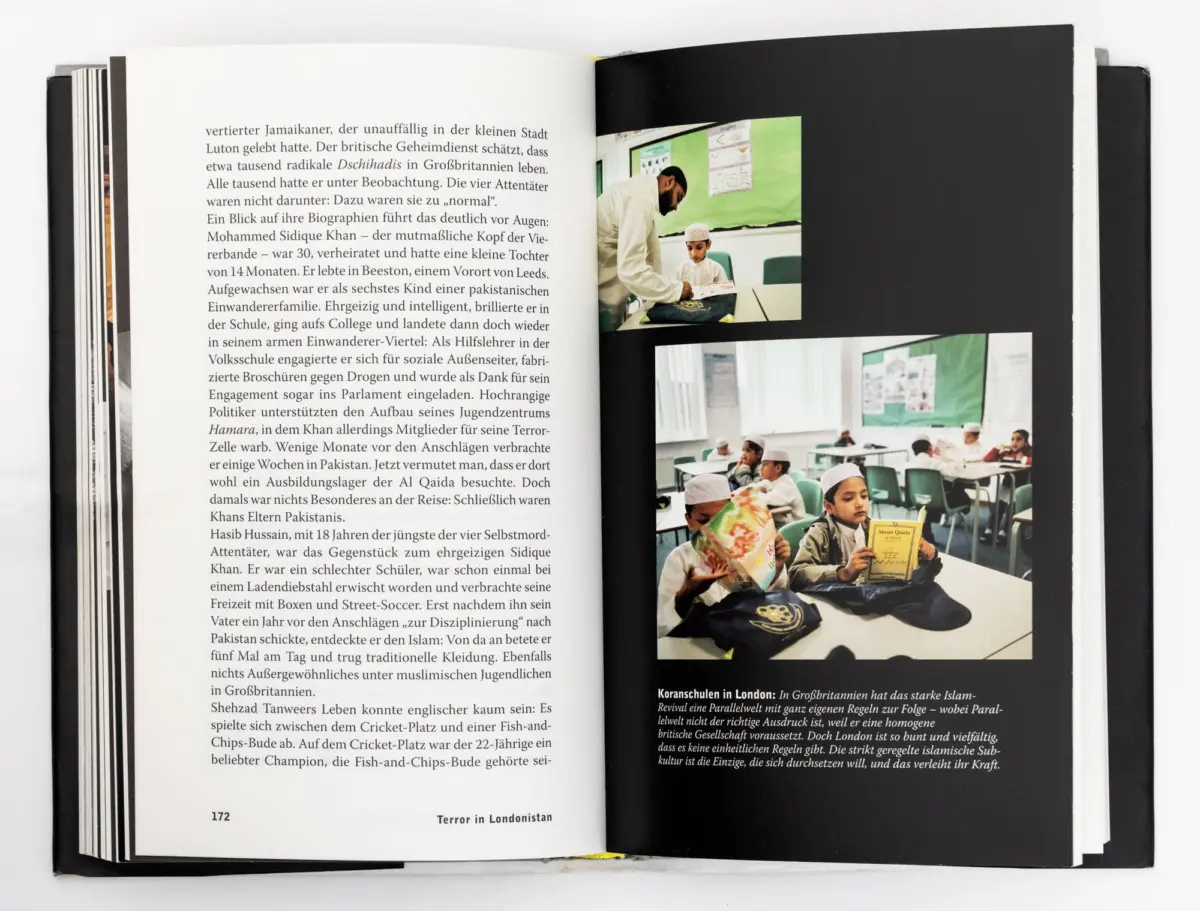 Open book spread with German text; right page shows a classroom scene with a teacher helping a child.