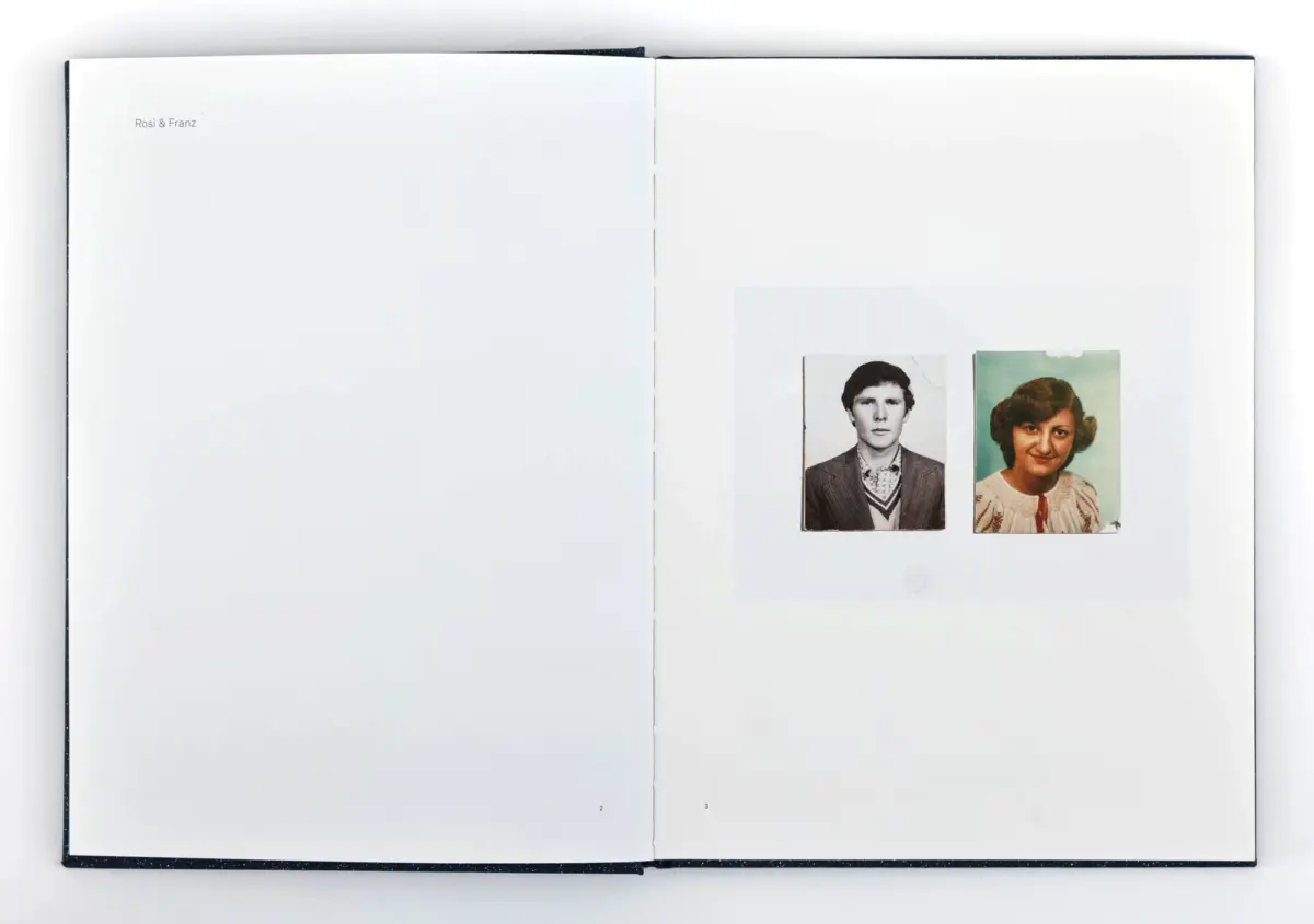 Open book spread; left page shows 'Rosi & Franz'; right page has two small portraits, a man in a suit and a woman in a blouse.