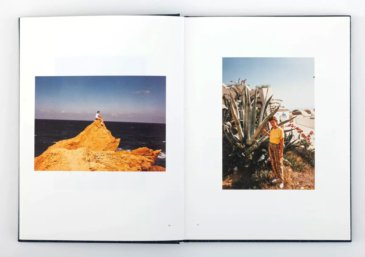 Two photographs: left shows a person on an orange rock by the sea; right shows a person among agave plants in a sunny courtyard.