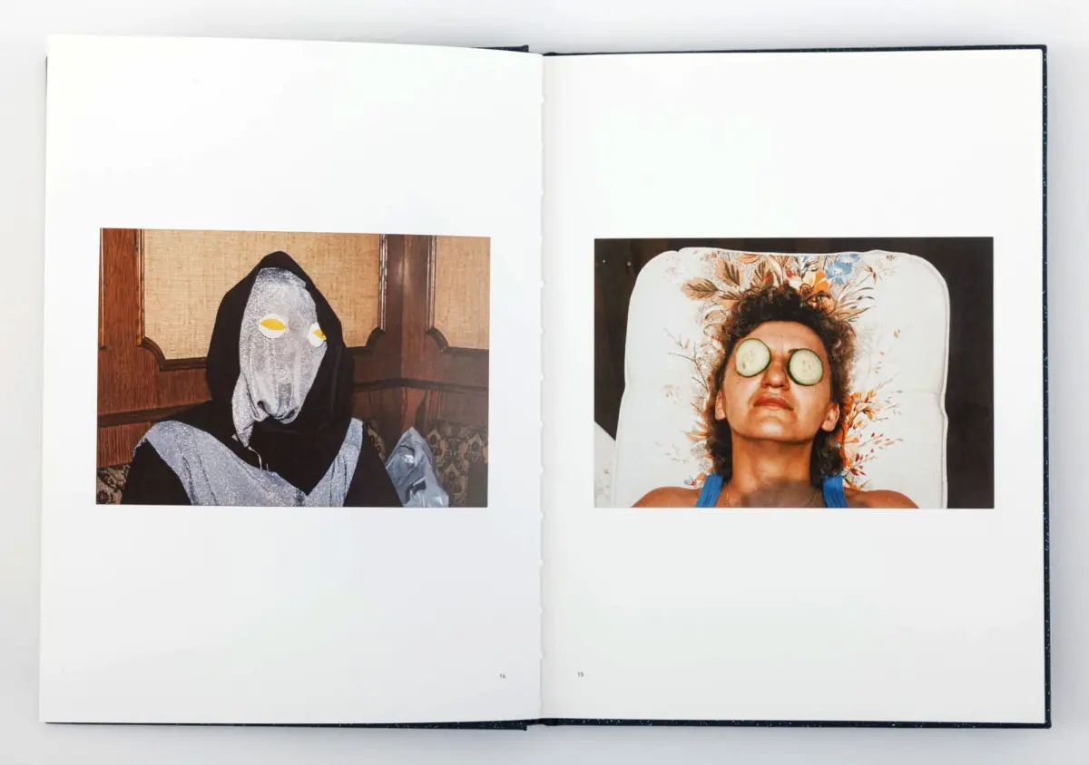 Left: hooded figure in a grey hoodie with yellow eyes; right: woman with cucumber slices over eyes on a floral pillow.