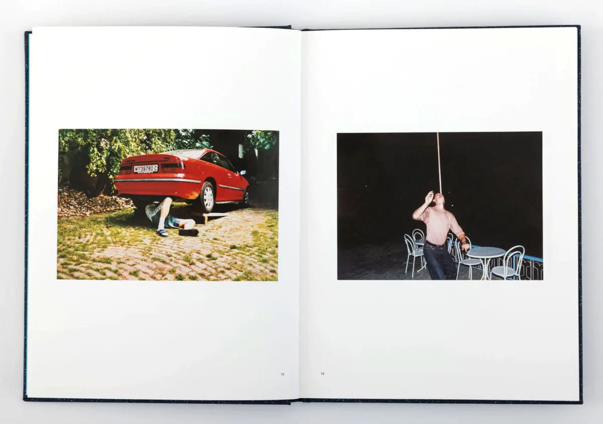 Left: red sedan on cobblestone driveway; person under car. Right: man in pink shirt amid white patio chairs, reaching upward on dark stage.