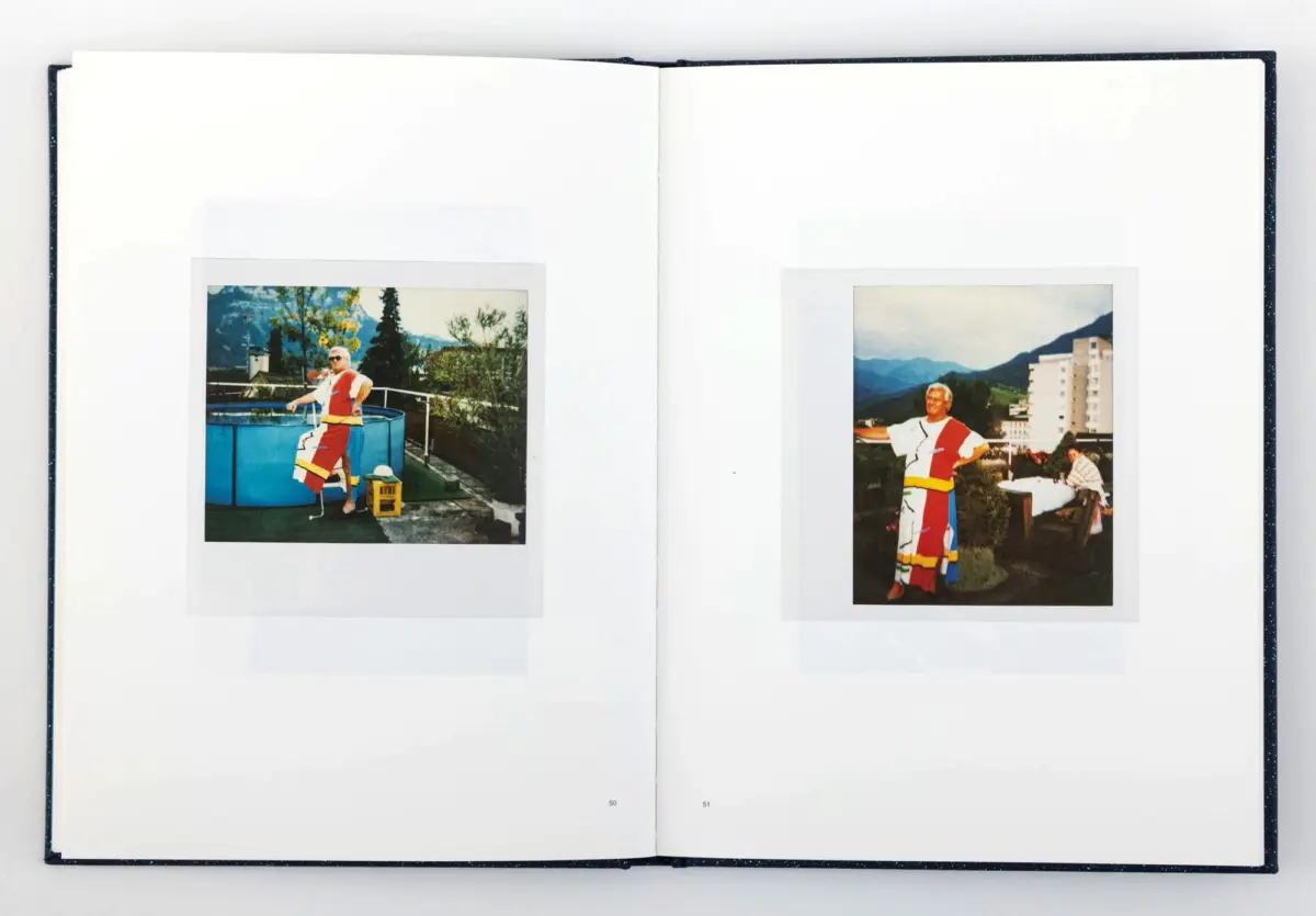 Open book spread with two photos: left person in red-yellow outfit standing by a blue pool; right person in red-yellow with mountains in background.
