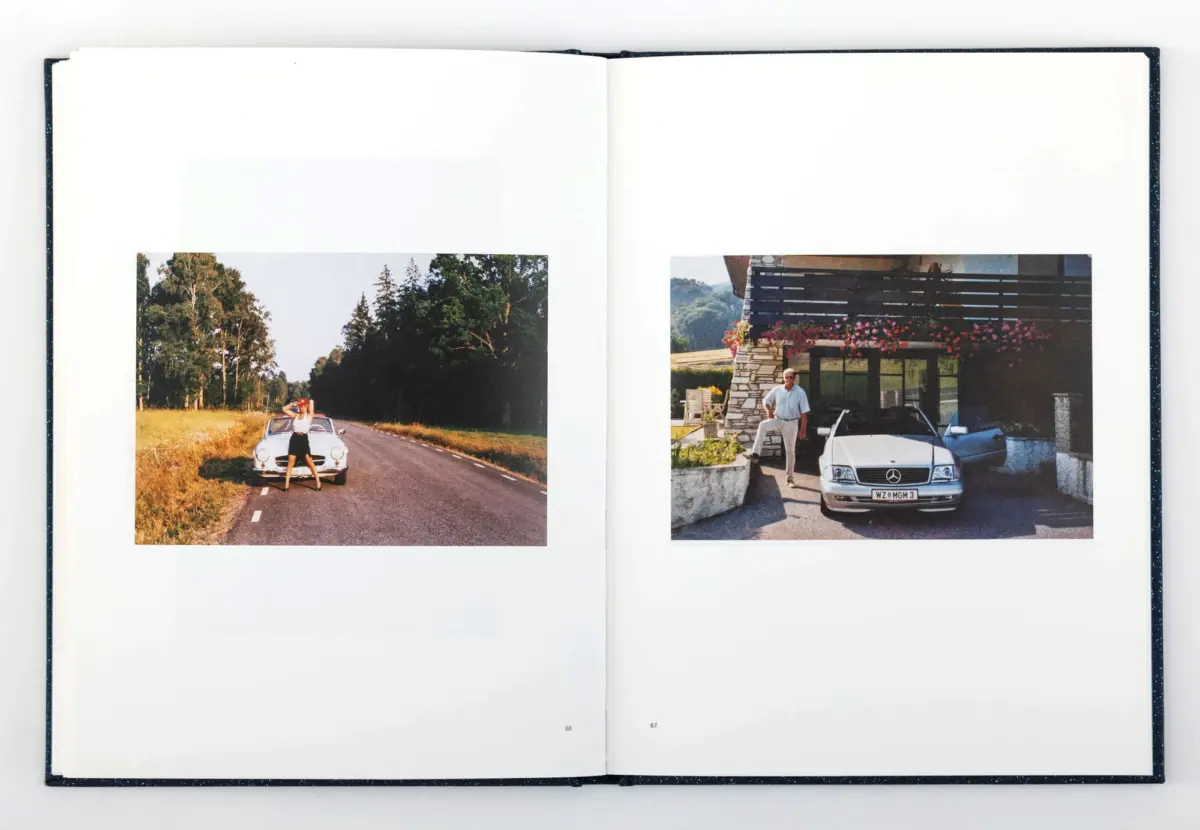 Open photo album showing two pictures: left a person posing by a white vintage convertible on a rural road; right a person beside a white Mercedes in a driveway.