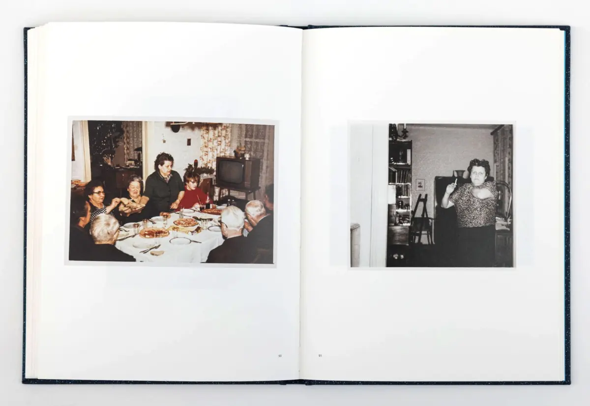 Open book with two photos: left shows elderly adults at a dinner table; right shows a woman in a patterned dress holding a cigarette indoors.