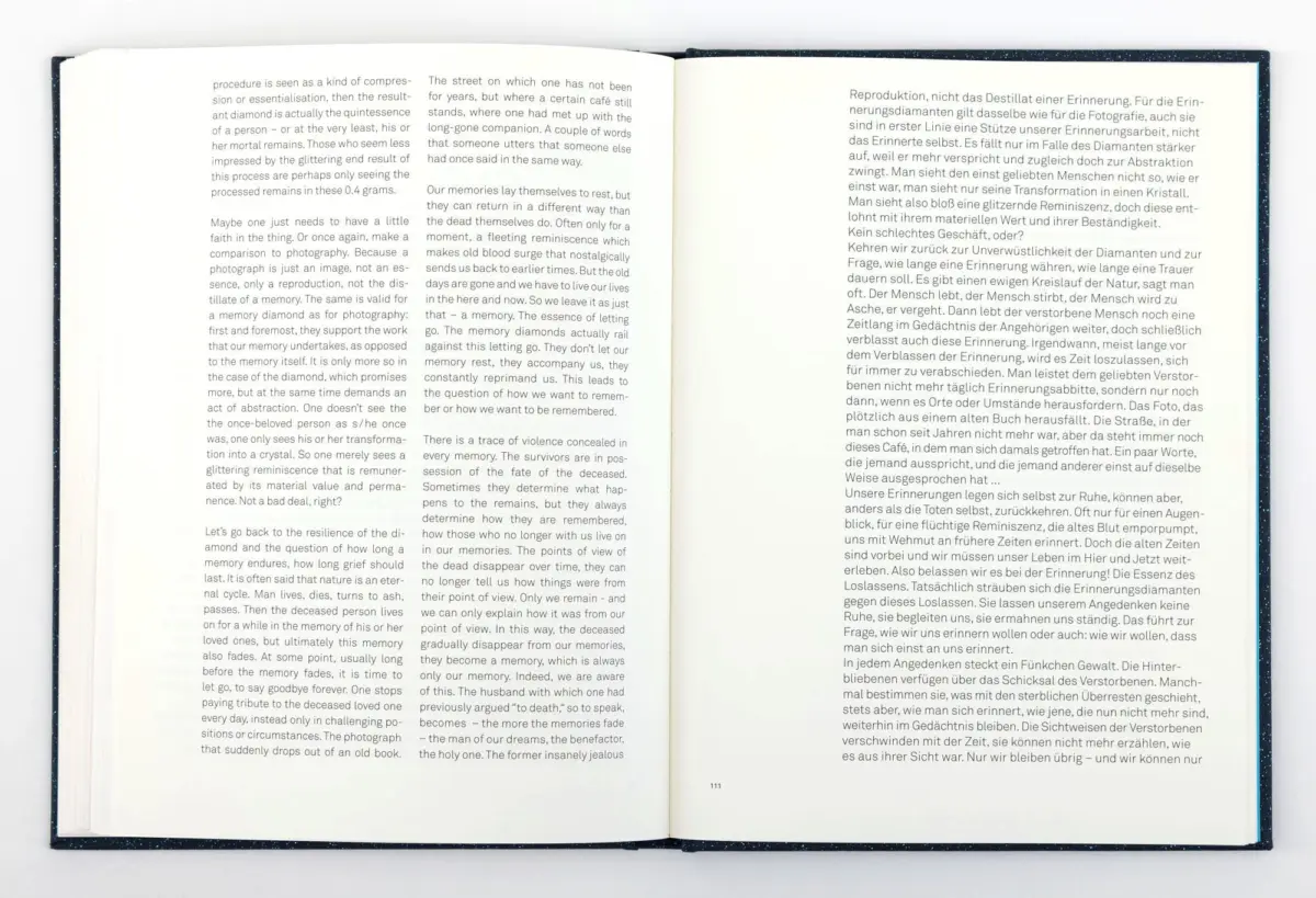 Open book spread with two pages of dense column text on a white surface; page 111 visible.