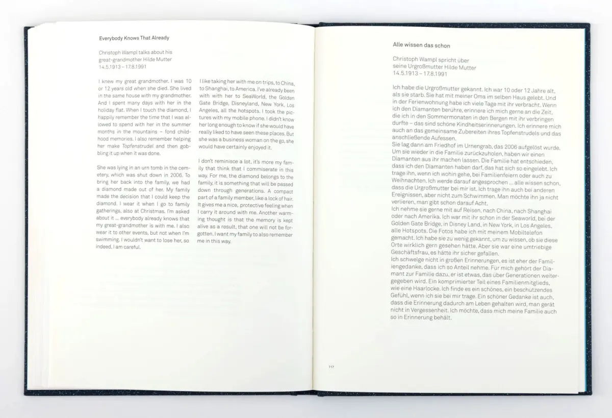 Open book spread with English and German text; left page title Everybody Knows That Already, right page Alle wissen das schon.