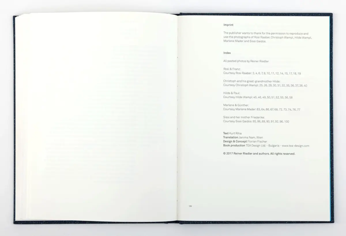 Open hardcover book on white surface; right-hand page shows Imprint and Index with credits, left page blank.