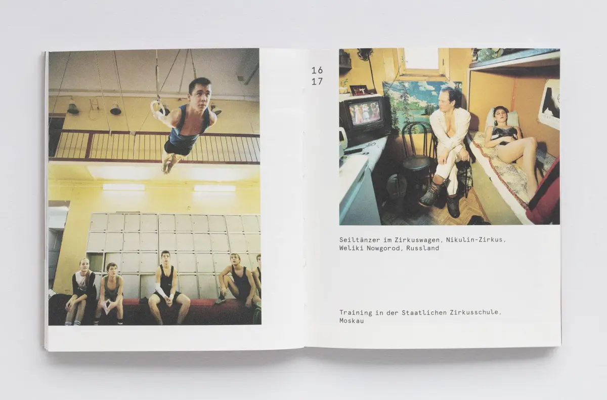 Two-page spread: left shows a gymnast on rings mid-air above seated trainees in a gym; right shows a person in a white shirt beside a reclining person in a yellow room with a TV.