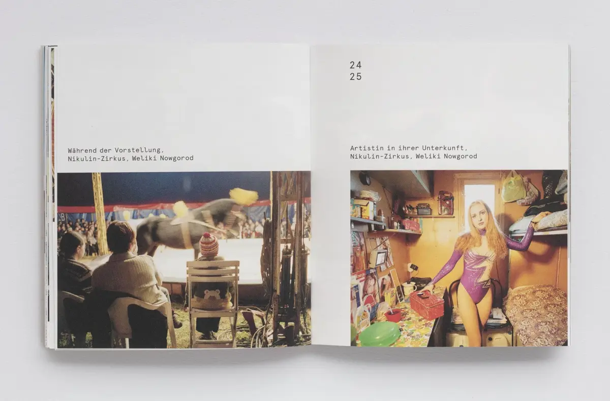 Open magazine spread: left page shows Veliky Novgorod Circus audience; right page shows a performer in a colorful bodysuit in a cluttered dressing room.