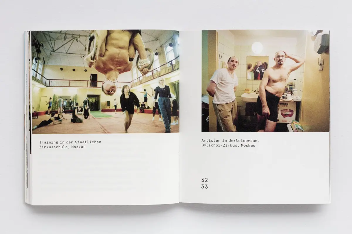 Two-page spread showing circus trainees practicing in a Moscow state circus school gym; two circus artists in a dressing room, Moscow.