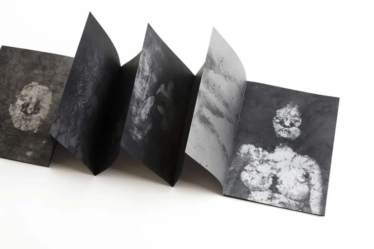 Abstract sculpture of curved black sheet-metal panels arranged in a zigzag, textured with gray marbling, set against a white studio background.