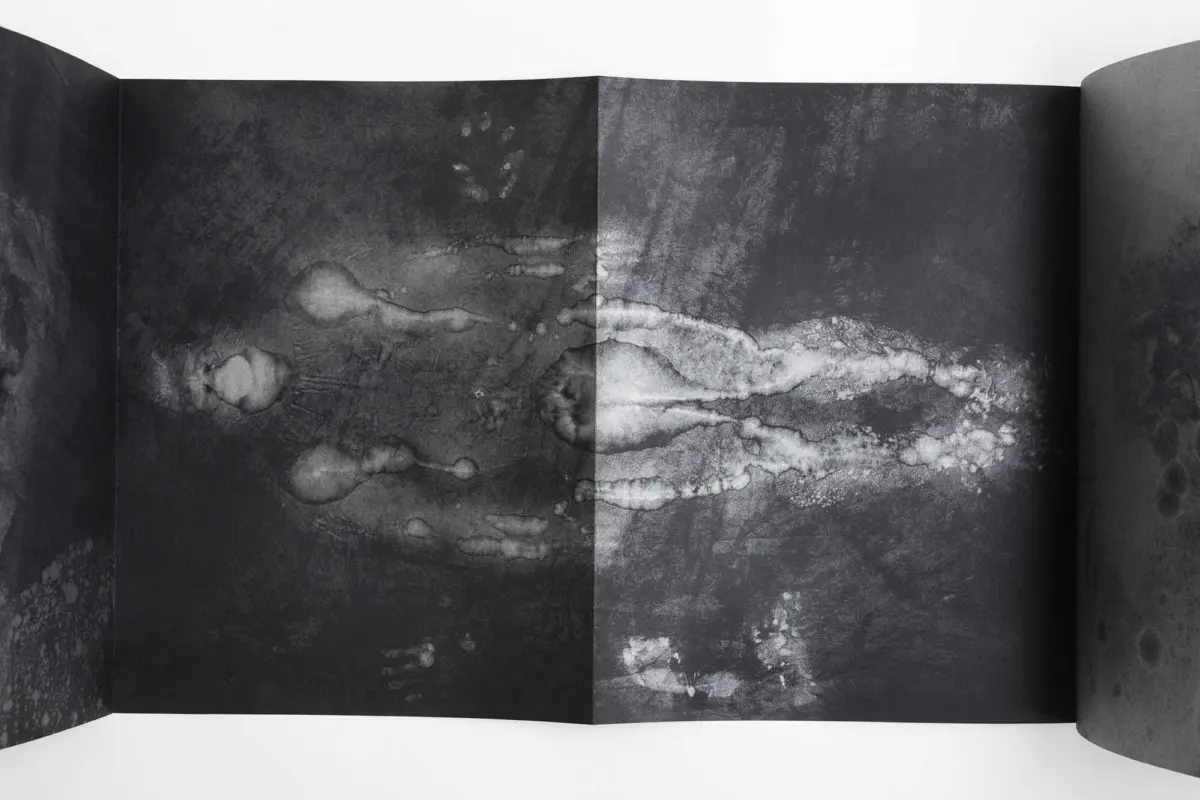 Open book with grayscale abstract textures across a two-page spread, featuring white organic streaks and bubble-like blotches.