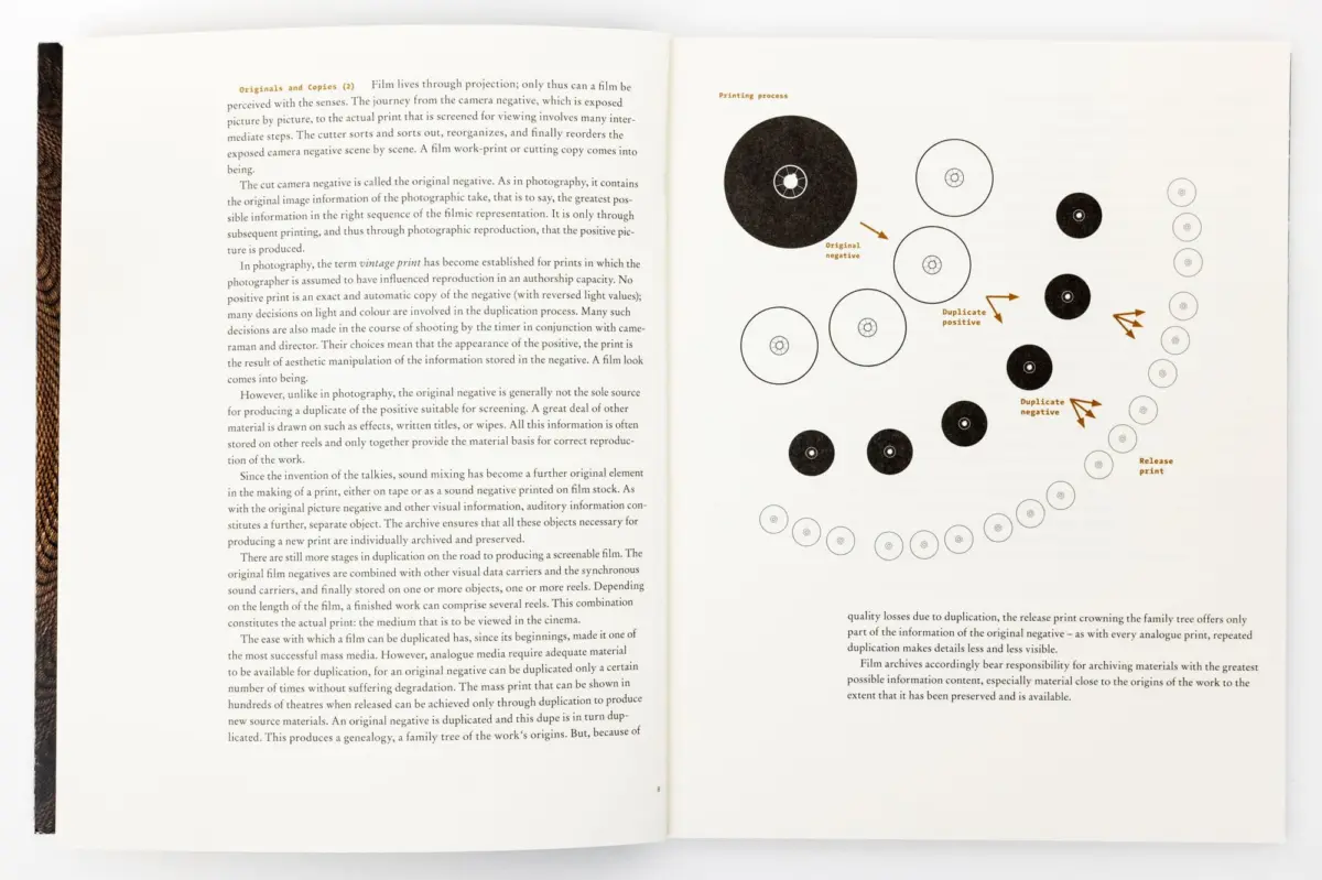 Open book spread: left page dense text, right page diagram of circles and arrows showing a printing process.