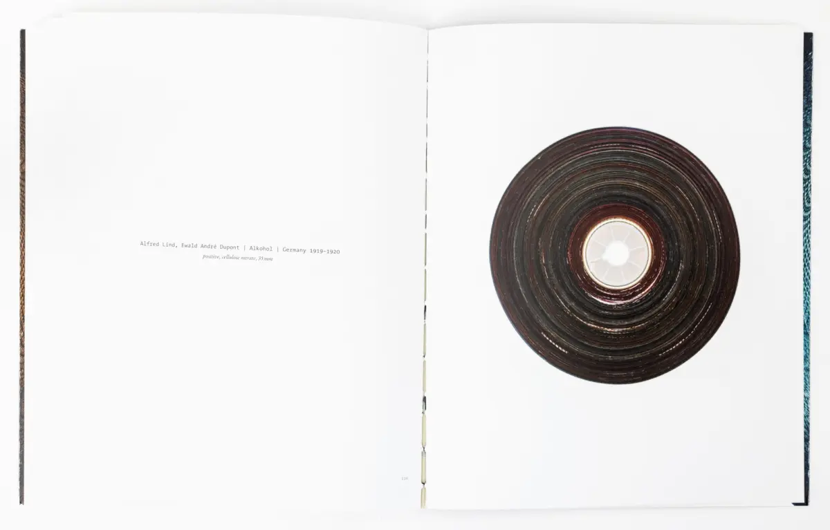 Flat lay of an open book with a large brown vinyl record on the right page; white pages and binding visible.