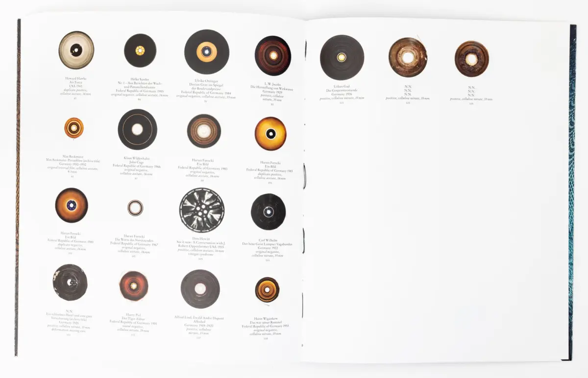 Open book two-page spread of circular record-like images with captions beneath.