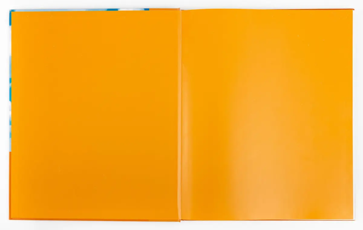 Open book with bright orange pages spread on a white surface.