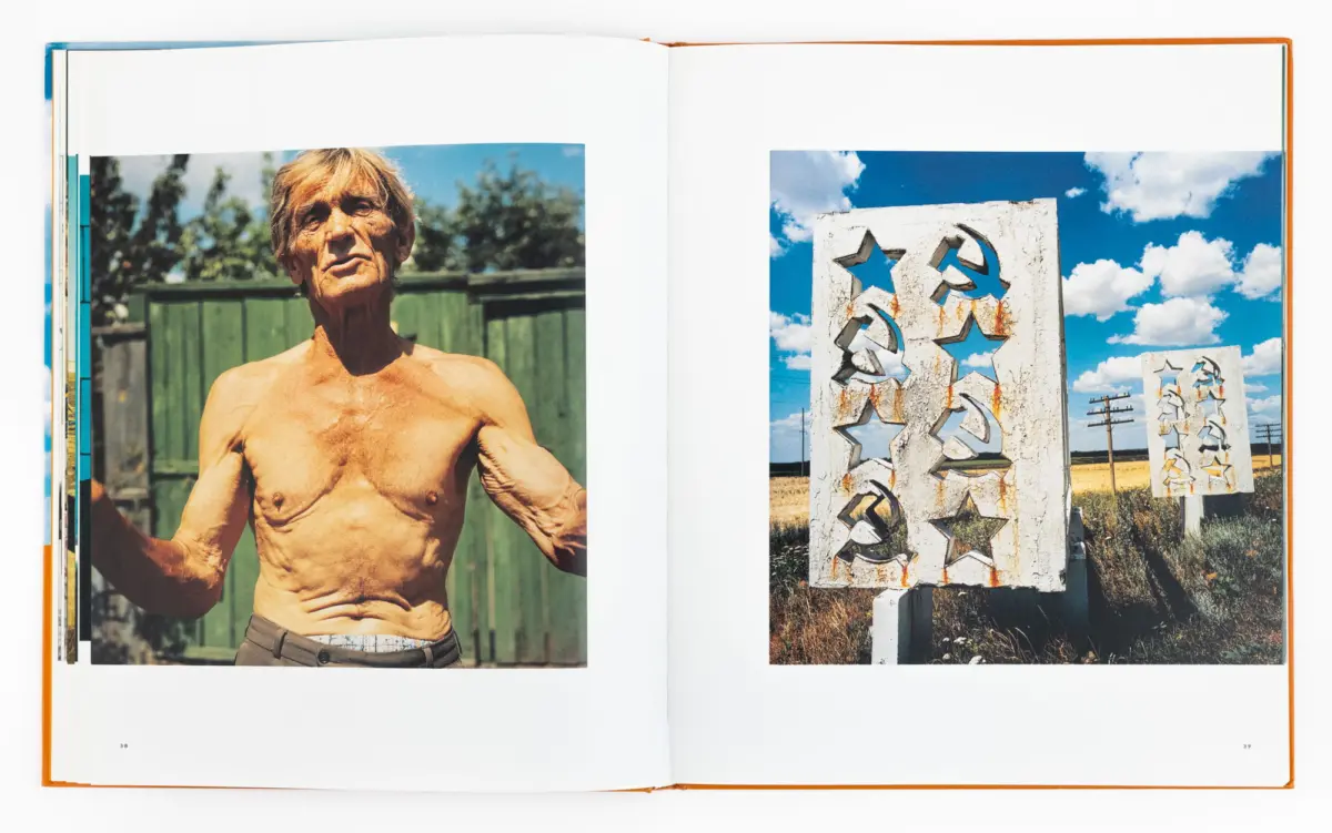 Left: shirtless elderly man outdoors; right: concrete monument with star-cutouts under a blue sky.