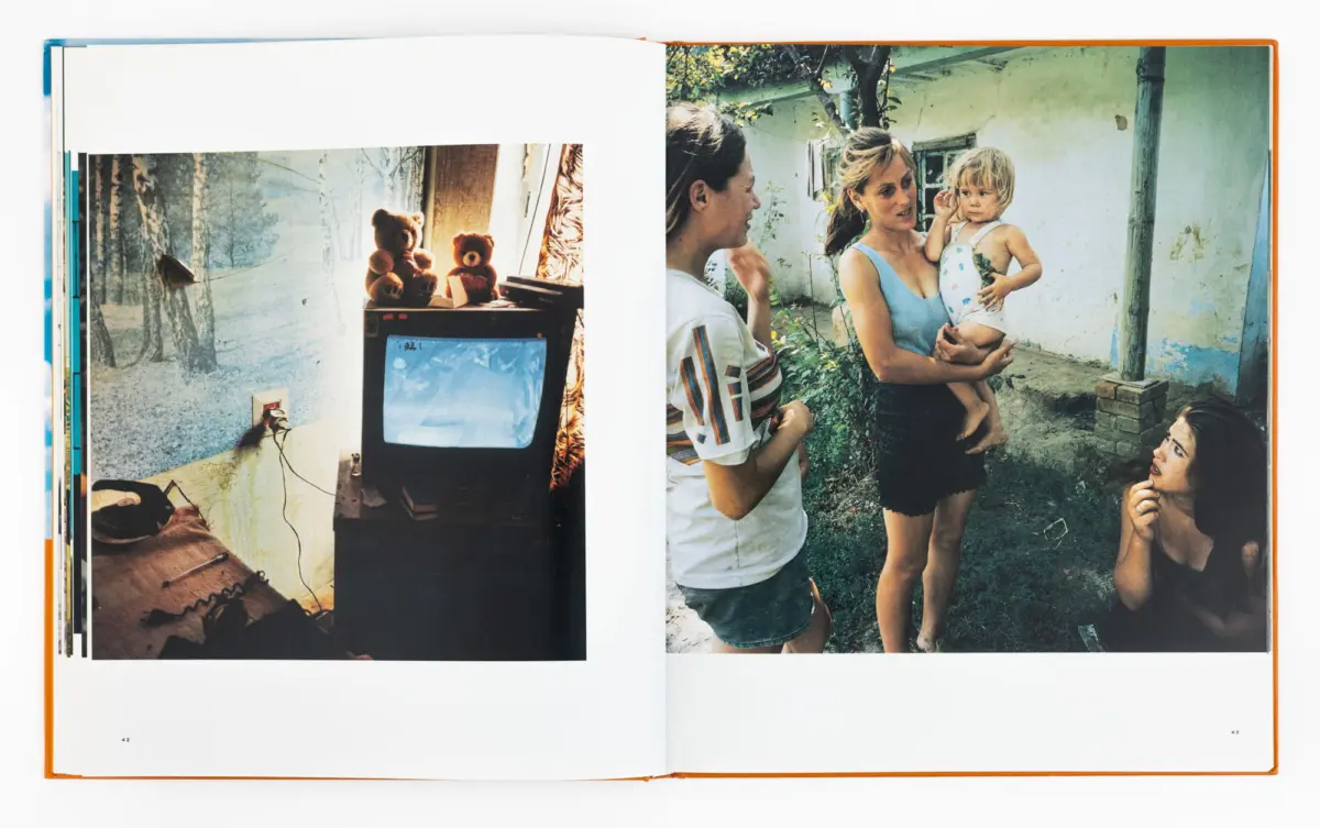 Adults and a toddler outdoors in a backyard; a person in a blue tank top holds the child while others converse.